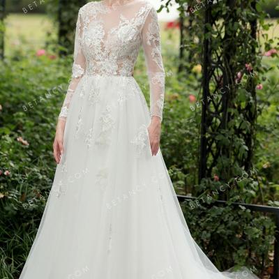 Sequinned floral lace appliqued illusion wedding dress 1