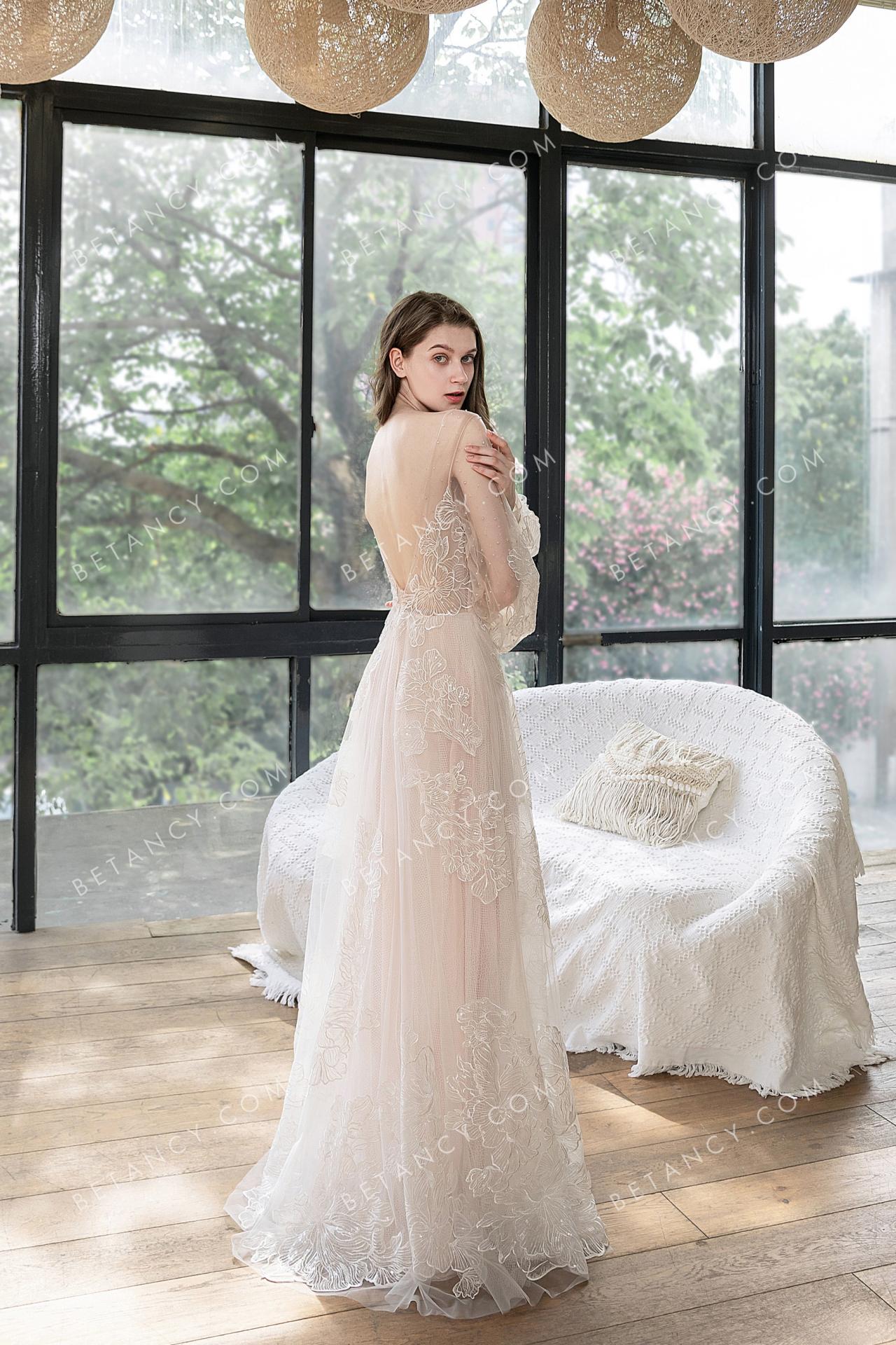 Sexy low v back with beautiful bishop sleeve bridal dress 3