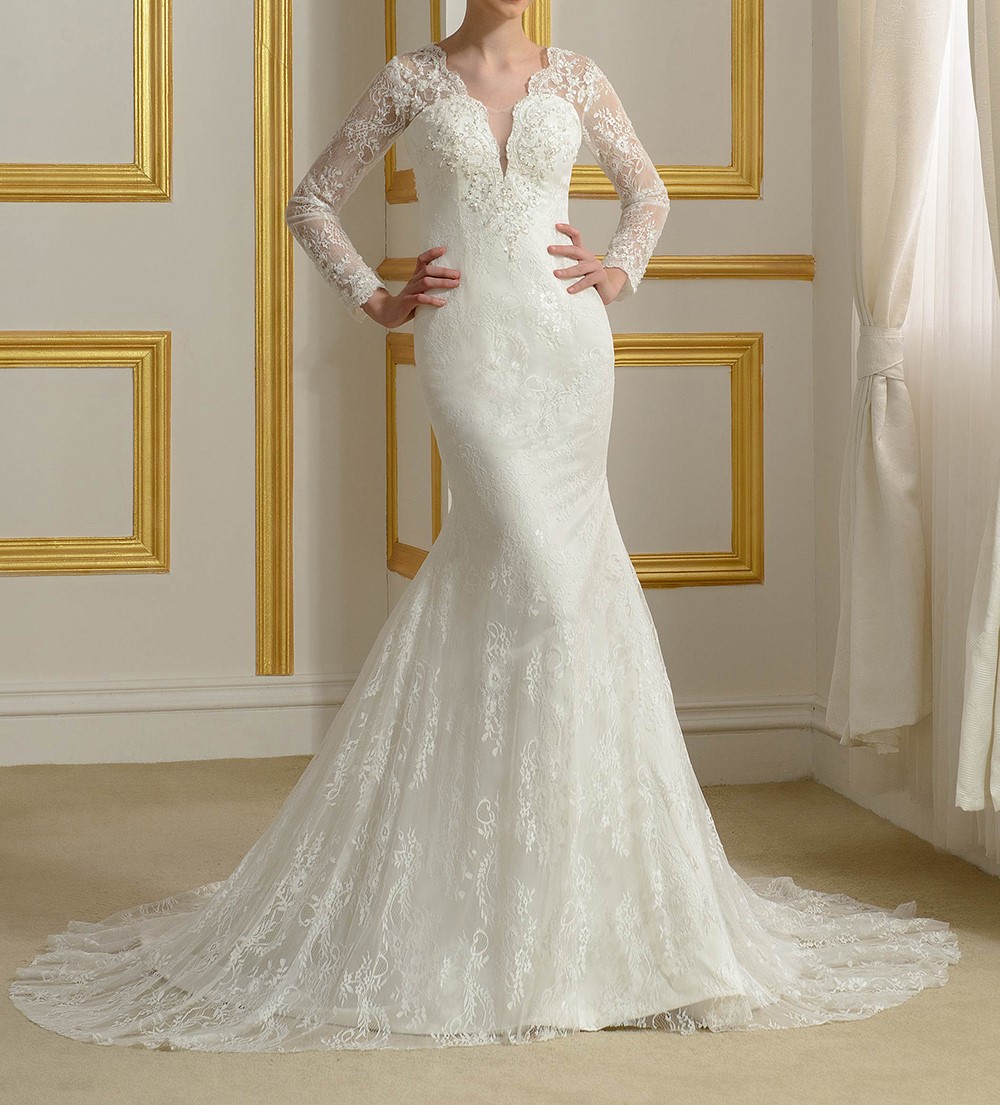 Sexy sirene robes de mariage musulman 2016 v cou tribunal train manches longues robes de mariee