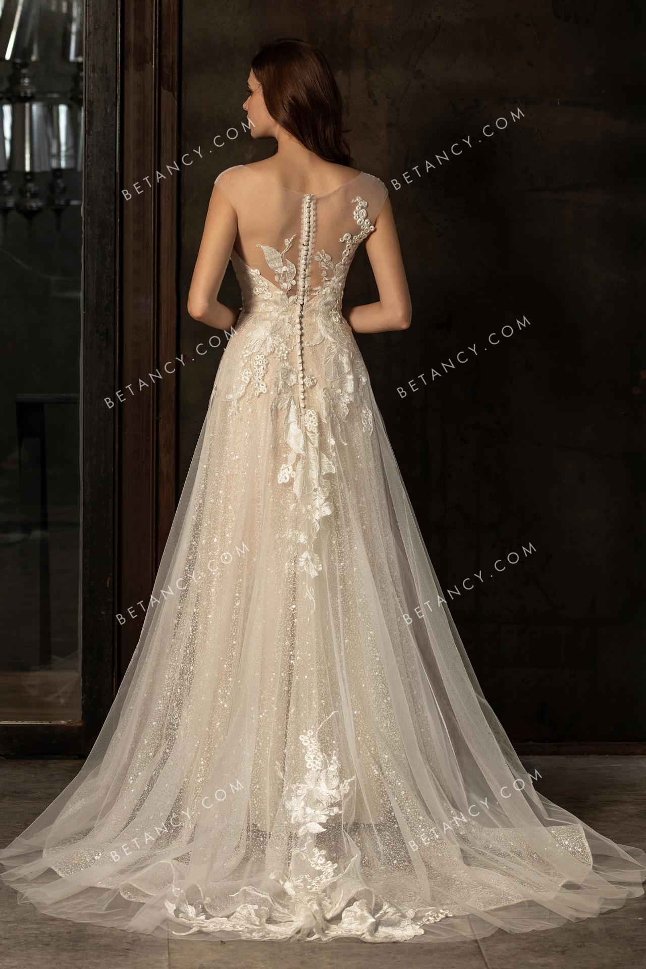 Sheer lace button back wedding gown 3