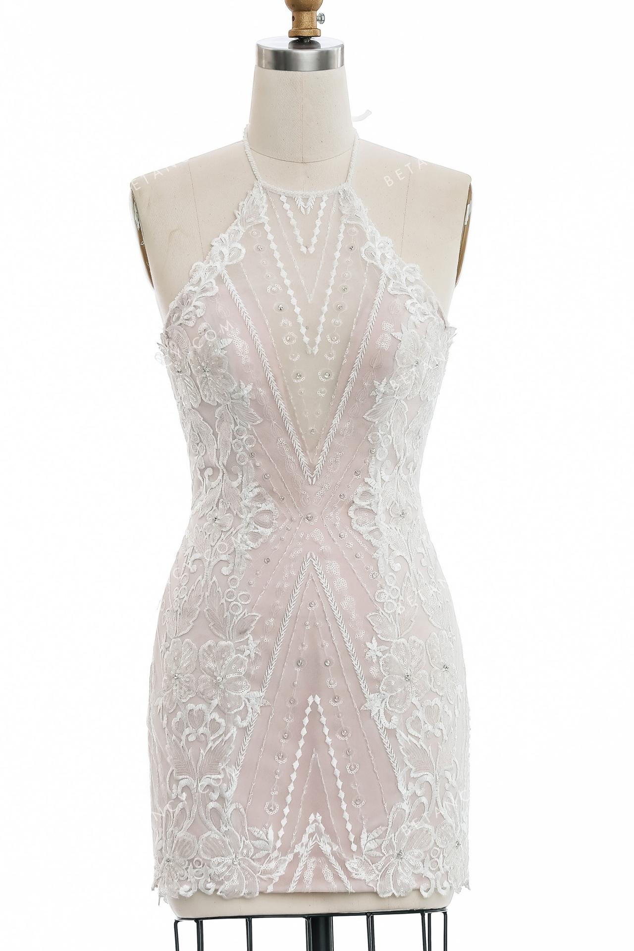 Shimmering beaded geometric lace bodycon dress 6