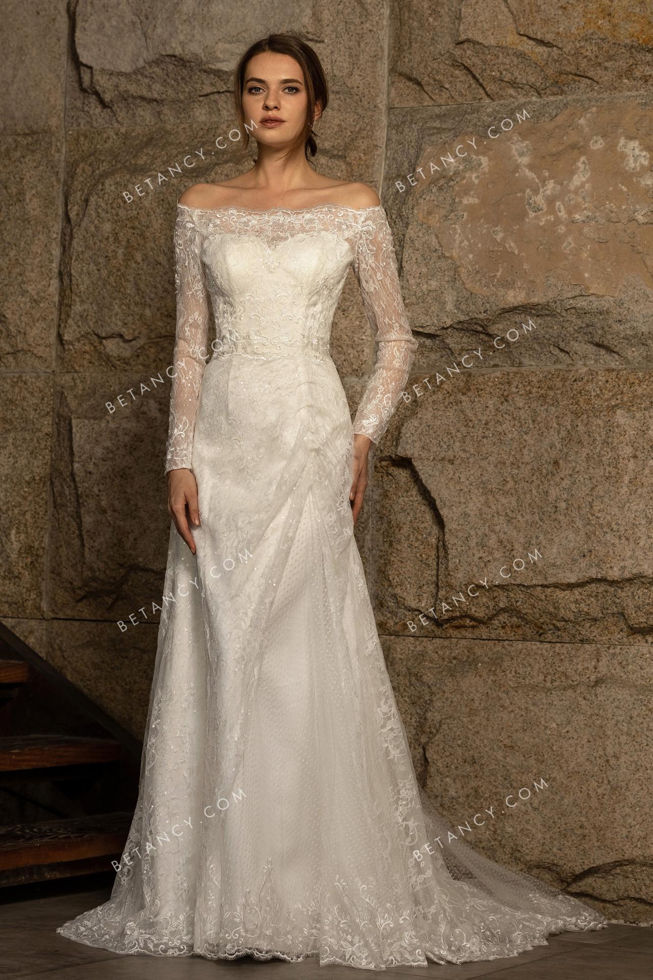 Shimmering sequinned lace long sleeve bridal gown 1