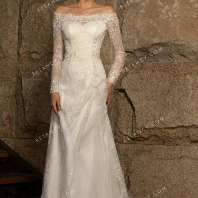 Shimmering sequinned lace long sleeve bridal gown 1