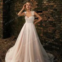 Shimmery leaf pattern lace mixed with dusty rose soft tulle wedding dress 5