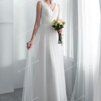 Simple sleeveless a line long soft ivory tulle wedding dress 2