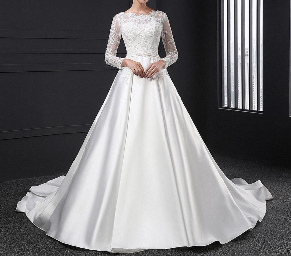 Sl028 blanc robe de noiva dentelle robe de mariee perles complet manches princesse robe de mariee