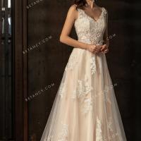 Sophisticated champagne bridal gown with shoulder straps v neckline 2