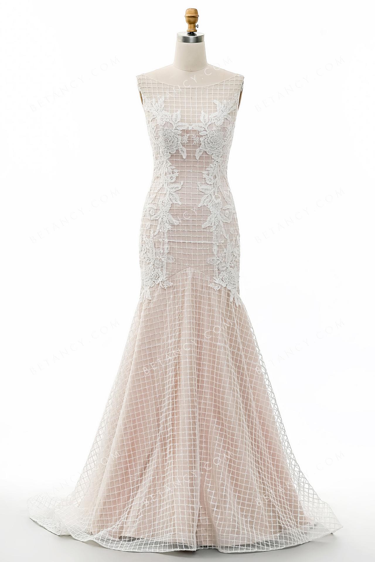 Square pattern sequin lace pink nude mermaid bridal gown 6