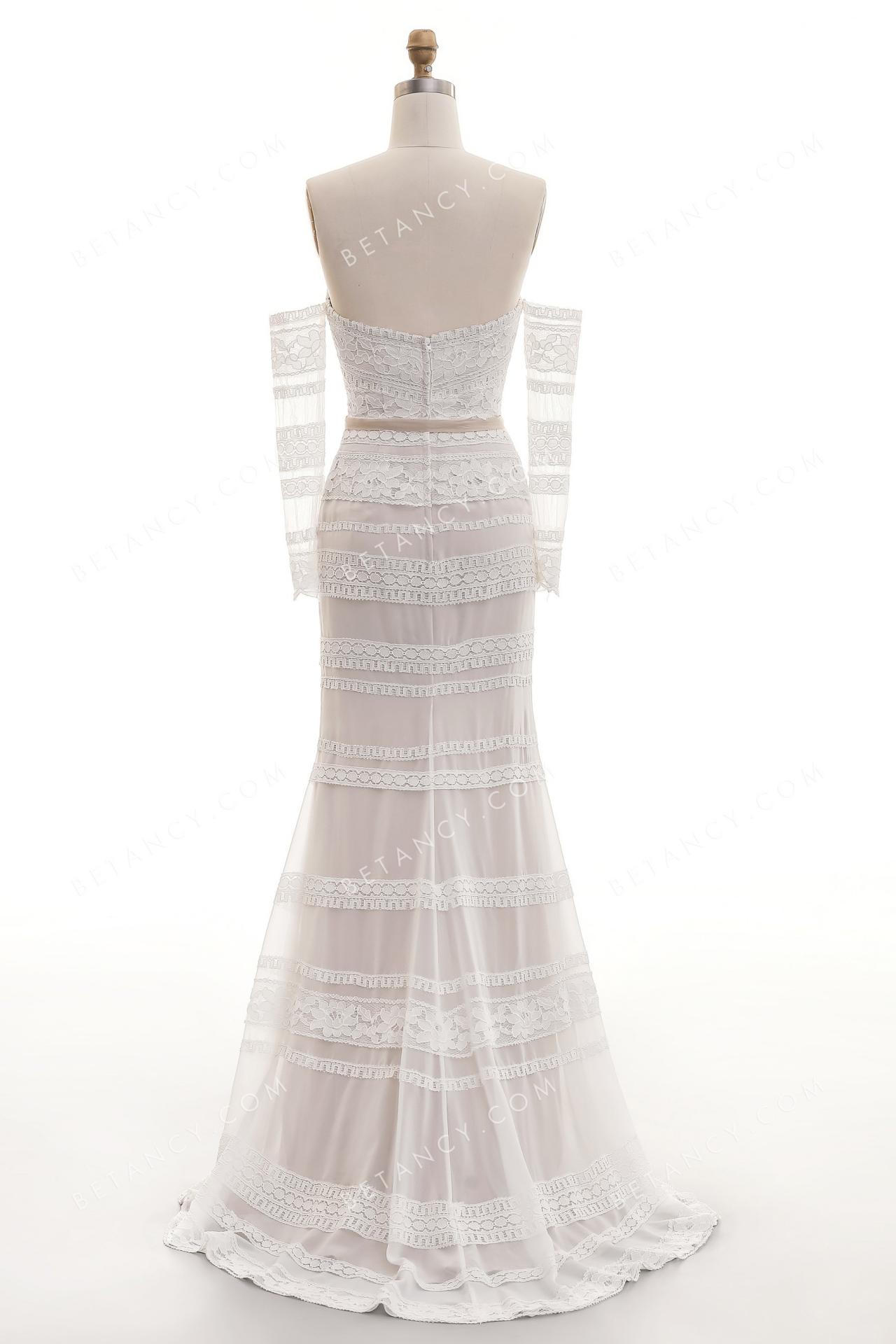Straight across neckline with separated lace sleeve wedding dress 5