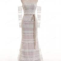 Striped lace and beige nude chiffon wedding dress 4