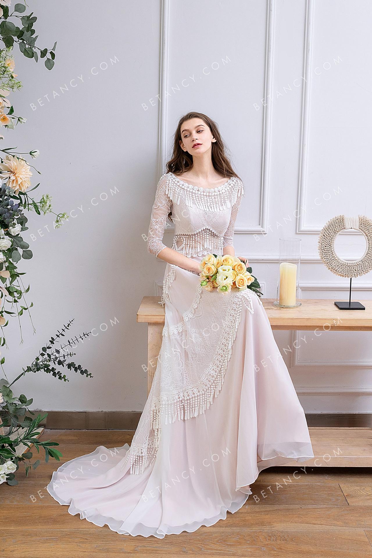 Tassels lace boat neck pearl pink chiffon bridal dress 1