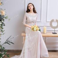 Tassels lace boat neck pearl pink chiffon bridal dress 1