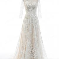 Three quarter sleeve top with illusion beaded bateau neckline bridal dress 6