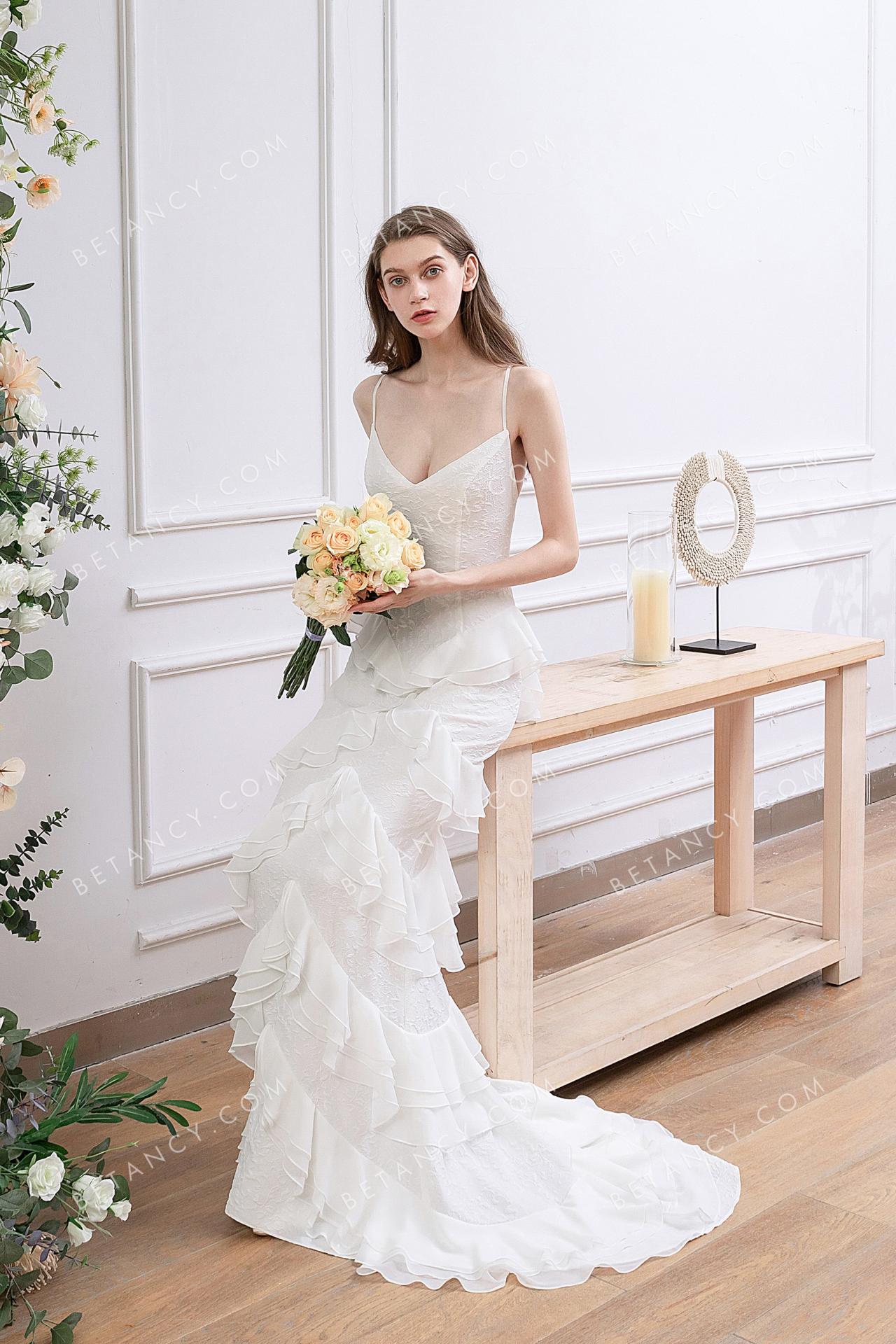 Tiered ruffled chiffon romantic designer bridal gown 1
