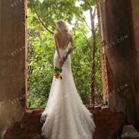 Tiny flower lace tulle ruffles fishtail wedding dress 4