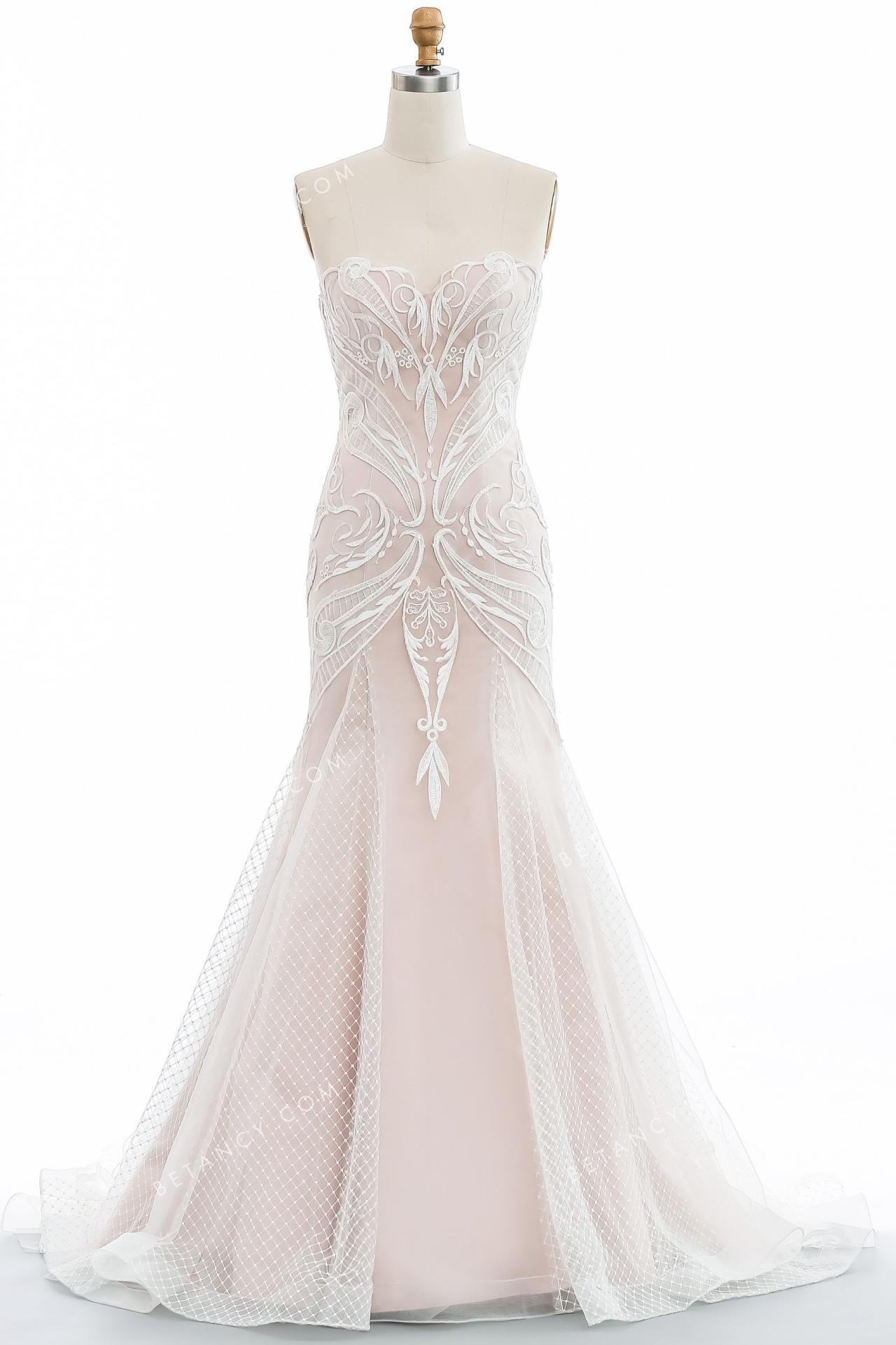 Unique geometric lace overlaid nude pink wedding dress 4