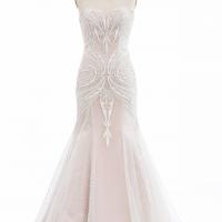 Unique geometric lace overlaid nude pink wedding dress 4