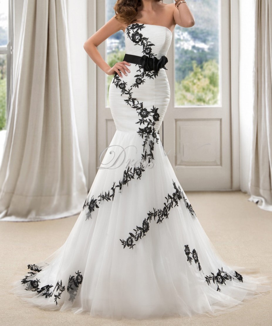 Vente chaude plus la taille robe de mariee sirene bretelles tribunal train blanc et noir appliques