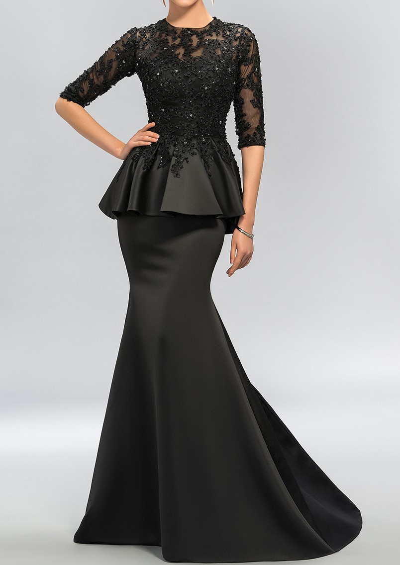 Vintage noir sirene dentelle longues robes de soiree moitie manches perles o cou peplum robe de