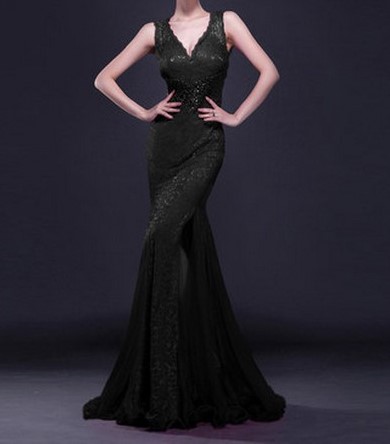 Vraie image dentelle v cou parti robe longue robes de soiree robes de da serums robe