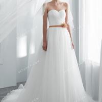 White soft tulle wholesale wedding gown with nude sash belt 3